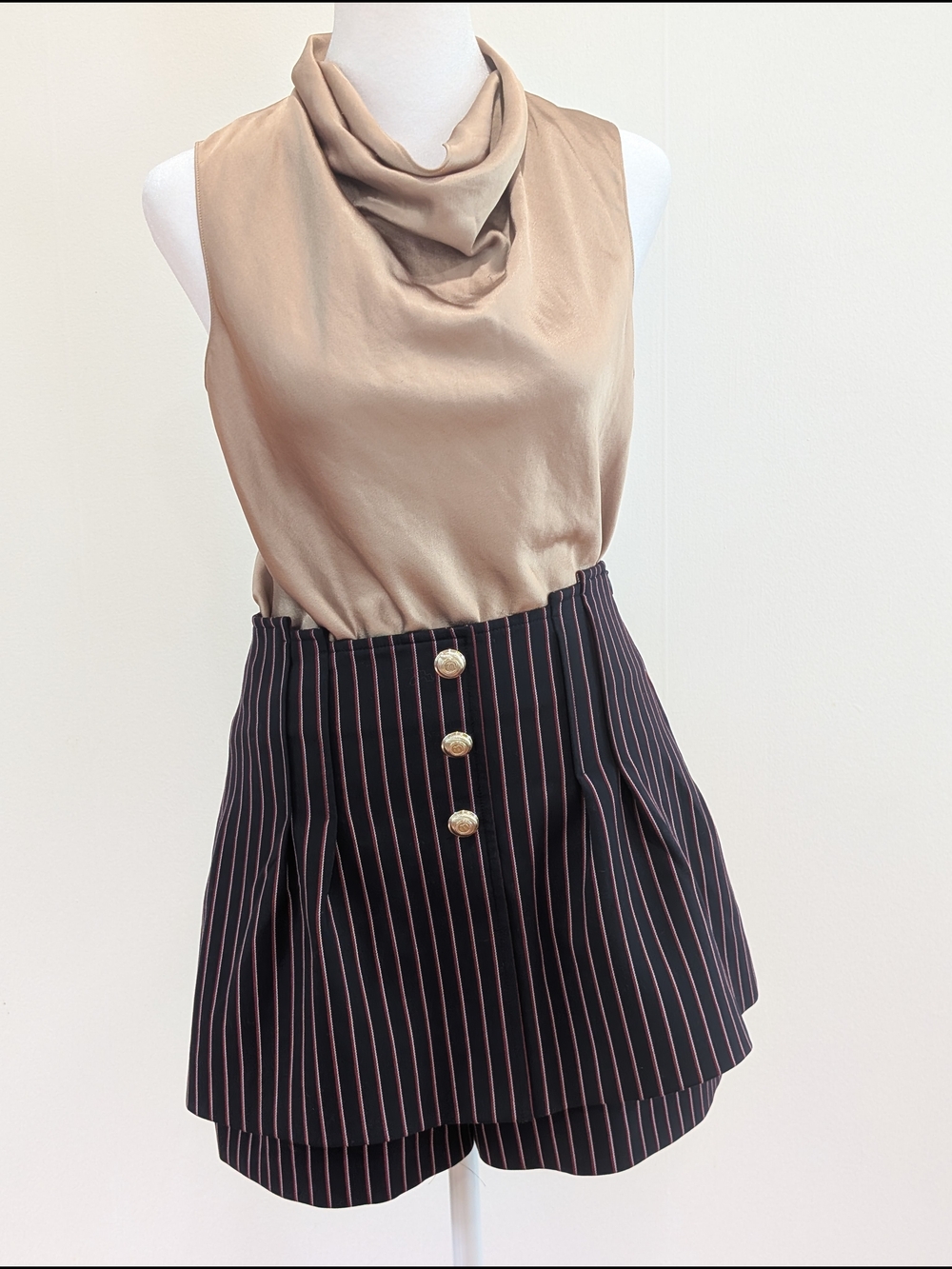 MAJE Pinstripe High-Waist Skort with Gold Buttons - Blue, and white size 36